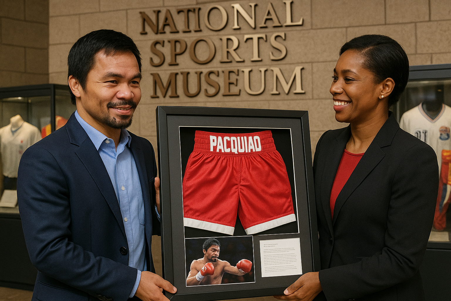 Manny Pacquiao at the National Sports Museum handing over boxing memorabilia