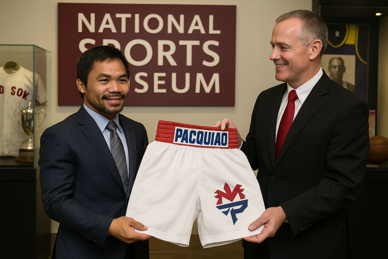 Manny Pacquiao with his donated memorabilia