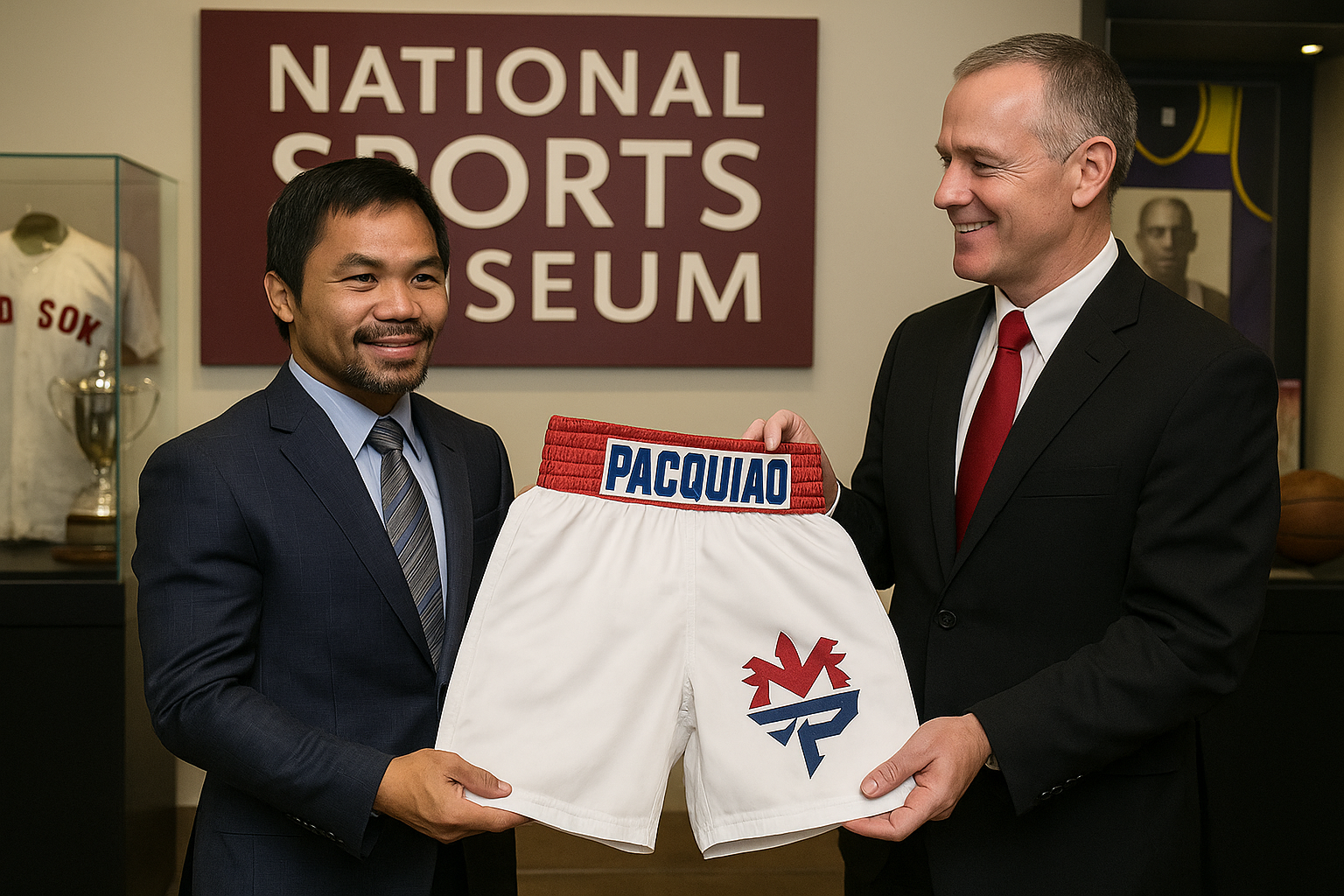 Manny Pacquiao with his donated memorabilia