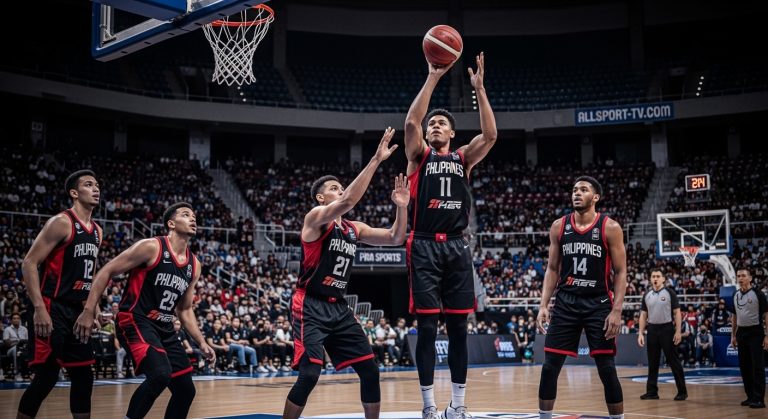 Filipino basketball players in action amid a cheering crowd with FIBA branding