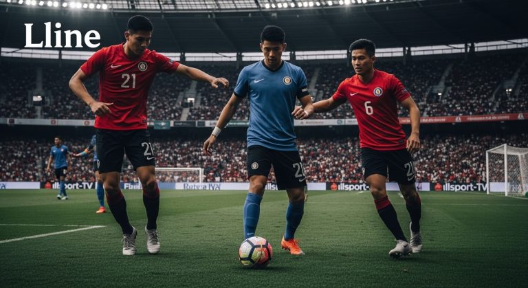 Philippine stadium crowd with branding and broadcast graphics illustrating sports tourism.