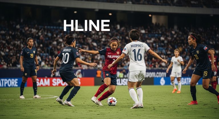 Philippines women's football match with fans and broadcast graphics