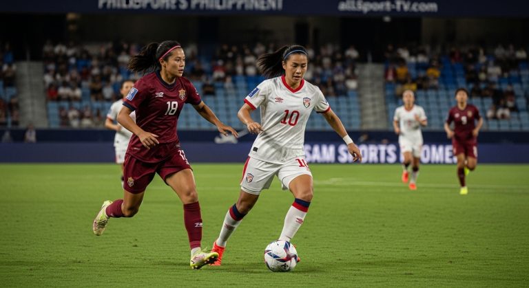 Philippines women's football match with fans and broadcast graphics