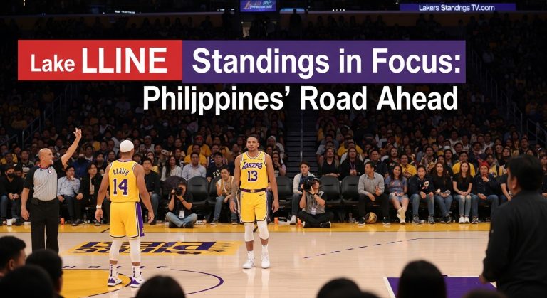 Lakers standings graphics with player on court and Philippine map.