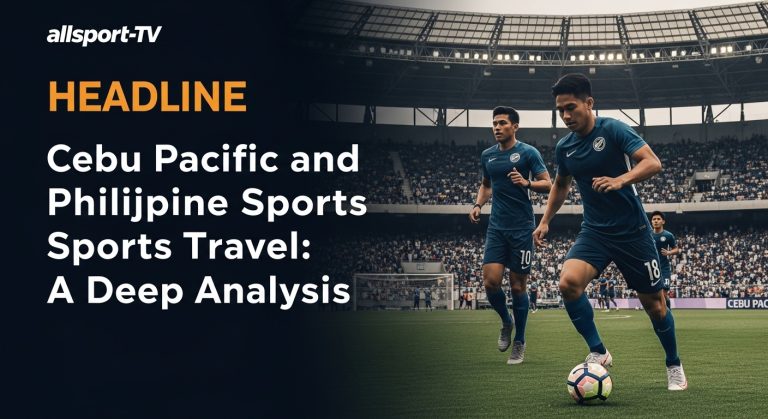 Cebu Pacific aircraft hovering above a Philippine sports stadium, symbolizing travel for fans.