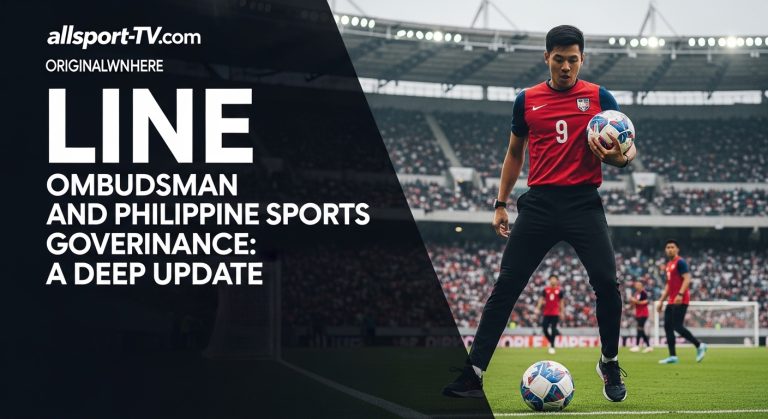 Newsroom desk with Philippine flag and sports governance imagery