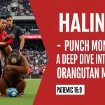 Editorial collage of a viral orangutan moment titled 'Punch Monkey' with data charts and a newsroom setting.