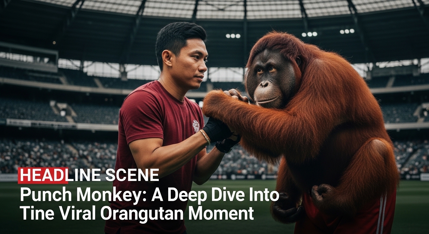 Editorial collage of a viral orangutan moment titled 'Punch Monkey' with data charts and a newsroom setting.